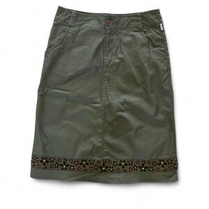 Y2K Vintage Esprit Olive Midi Skirt with Brown Floral Detail